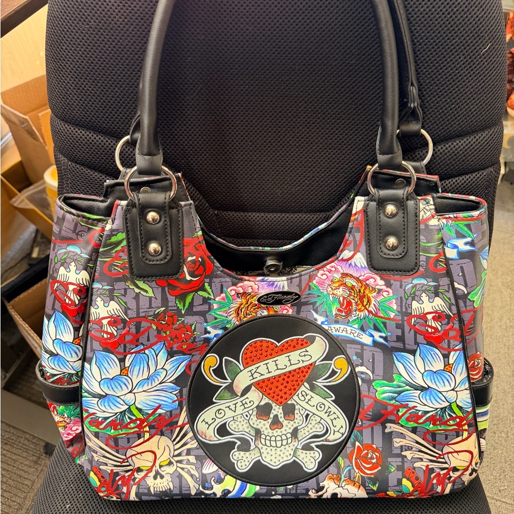 Ed Hardy Skull and Floral Shoulder Bag